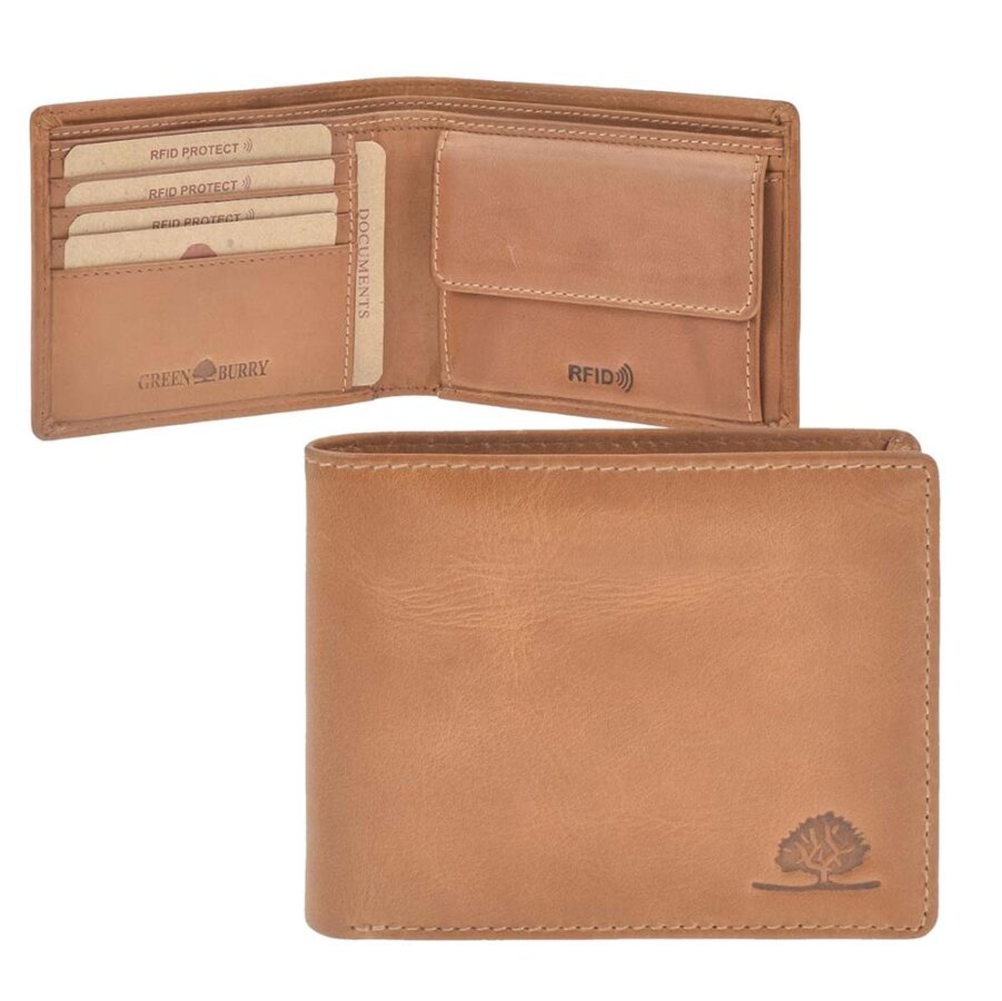 Geldbörse mit RFID-Schutz aus Leder peanut brown im Querformat | Greenburry. Funktionale Brieftasche schützt Karten effektiv vor Datendiebstahl.