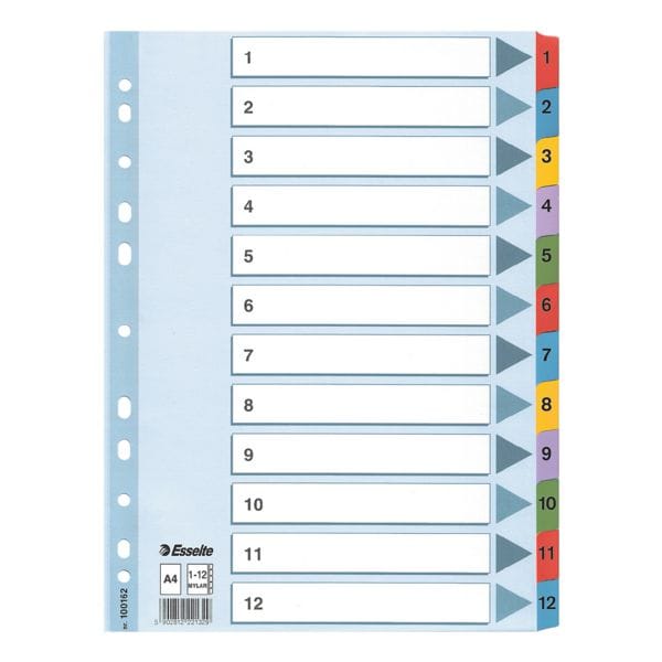 Esselte Kartonregister 1-12 farbige Taben A4 weiß weiß, 22.5x29.7 cm
