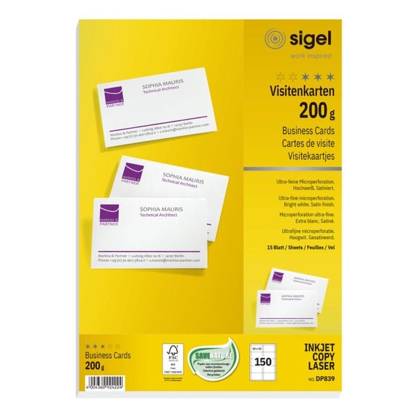 Sigel Visitenkarten DP839 weiß, 8.5x5.5 cm