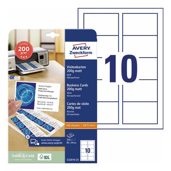 Avery Zweckform Visitenkarten C32010-25 weiß, 8.5x5.4 cm