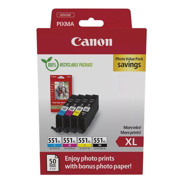Canon Value Pack: Tintenpatronen-Set »CLI-551 XL BK/C/M/Y« inkl. 50 Blatt Fotopapier 1 schwarz