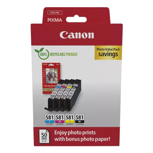 Canon Value Pack: Tintenpatronen-Set »CLI-581 BK/C/M/Y« inkl. 50 Blatt Fotopapier 10x1 schwarz