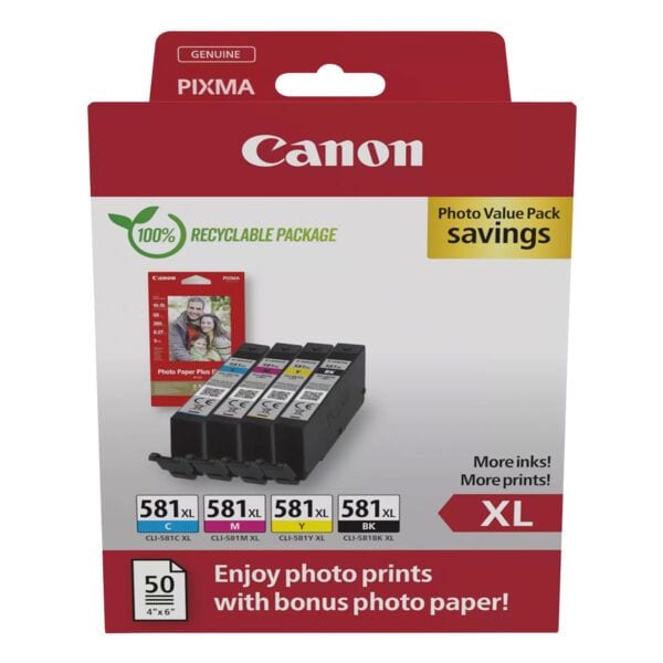 Canon Value Pack: Tintenpatronen-Set »CLI-581XL BK/C/M/Y« inkl. 50 Blatt Fotopapier 10 schwarz