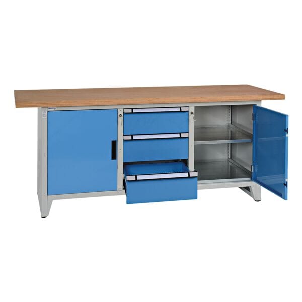 THURMETALL Systemwerkbank mit 2 Türen und 3 Schubladen grau, 200x84x70 cm