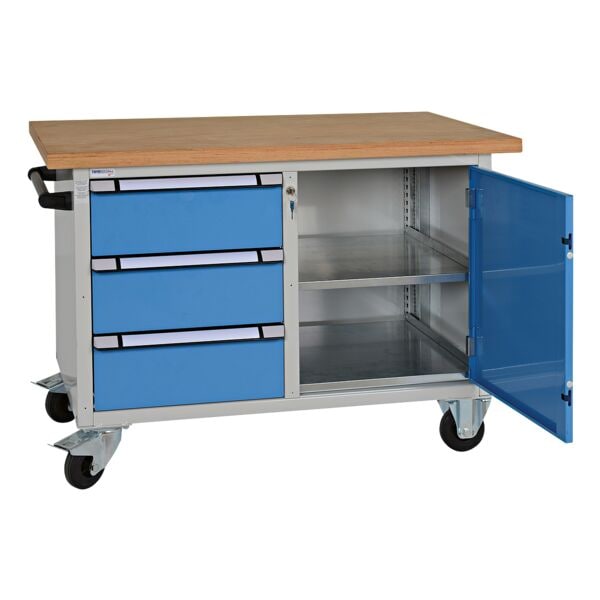 THURMETALL Mobile Systemwerkbank mit Tür und 3 Schubladen grau, 125x87.7x70 cm