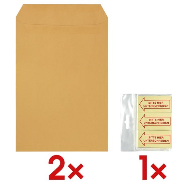 Steinmetz 2x 250 Natron-Versandtaschen C4 ohne Fenster inkl. Haftmarker »Bitte hier Unters braun, 32.4x22.9 cm