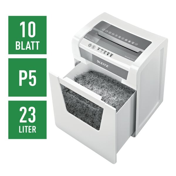Leitz IQ Aktenvernichter »Office P5« Mikroschnitt bis 10 Blatt weiß, 22.3x46.5x27.9 cm