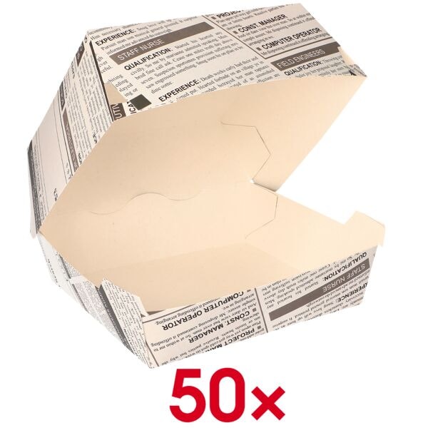 Papstar Einweg Burger-Boxen »Newsprint«, 50 Stück weiß, 12.5x7x12.5 cm