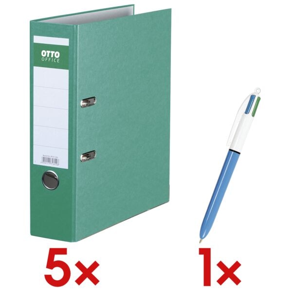 OTTO Office 5x Ordner A4 OTTO Office breit »Color« einfarbig inkl. 4-Farb-Kugelschreiber »4 grün, 8x32x28.5 cm