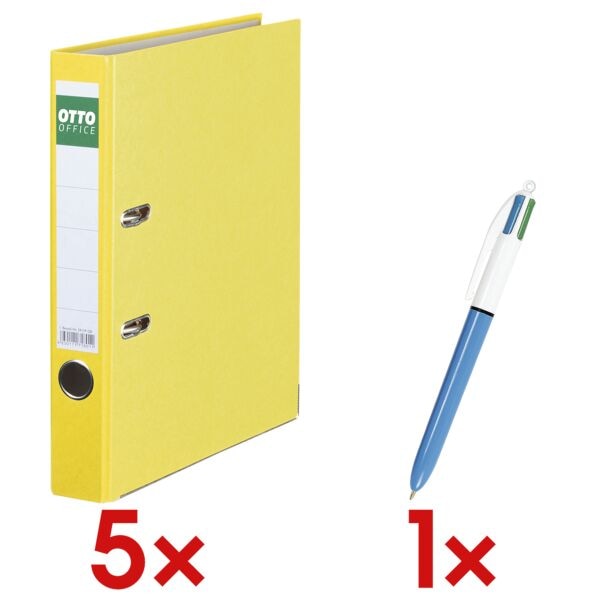 OTTO Office 5x Ordner A4 OTTO Office schmal »Color« einfarbig, inkl. 4-Farb-Kugelschreiber » gelb, 5x32x28.5 cm