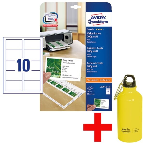 Avery Zweckform Visitenkarten C32011-25 inkl. Trinkflasche weiß, 8.5x5.4 cm