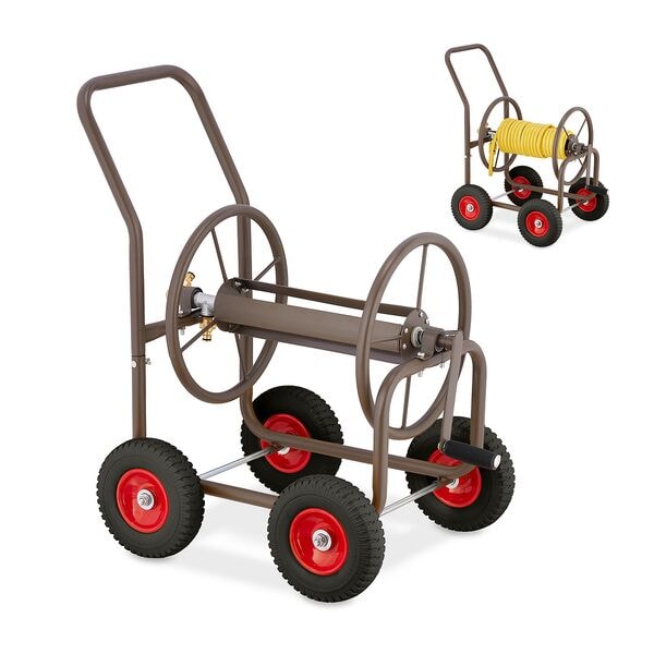 relaxdays Schlauchwagen mit Drahtkorb 4 Räder braun braun