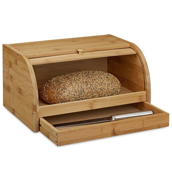 relaxdays Brotkasten mit Schublade und Rolldeckel braun, 40.5x21 cm