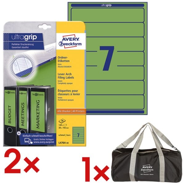 Avery Zweckform 2x Selbstklebende Ordnerrücken-Etiketten inkl. Sporttasche grün, 5 cm
