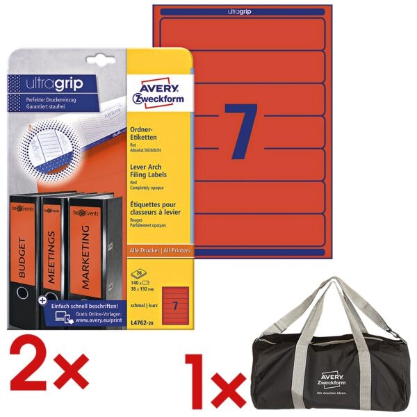 Avery Zweckform 2x Selbstklebende Ordnerrücken-Etiketten inkl. Sporttasche rot, 5 cm