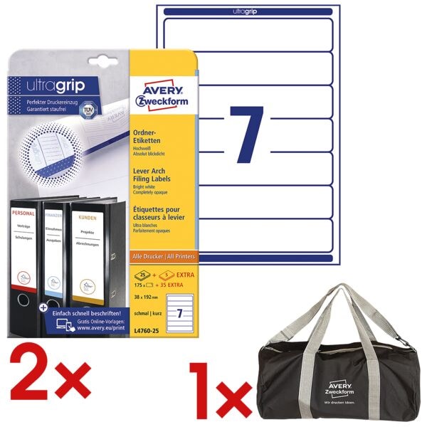 Avery Zweckform 2x Selbstklebende Ordnerrücken-Etiketten inkl. Sporttasche weiß, 5 cm