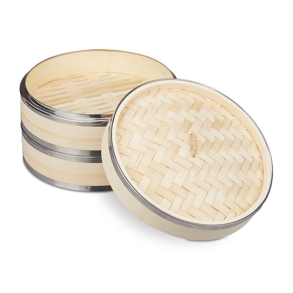 relaxdays Bambus Dampfgarer auf 2 Etagen mit Metallring 25,5 cm braun