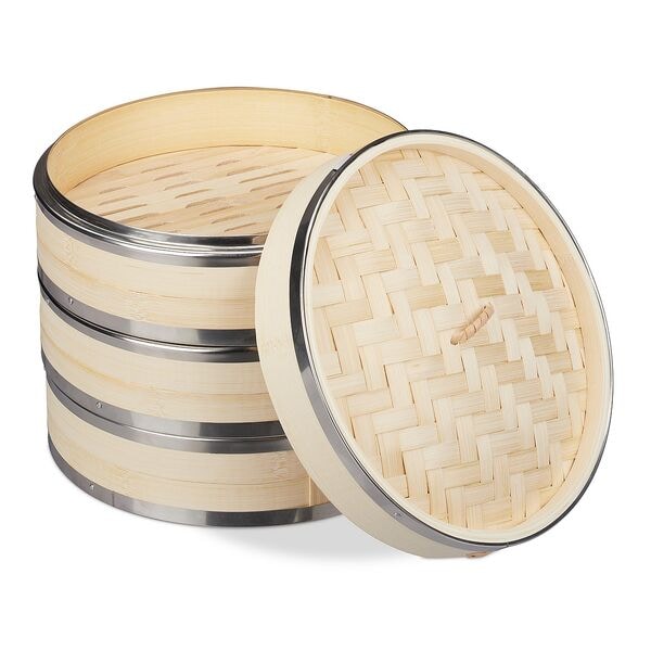 relaxdays Bambus Dampfgarer auf 3 Etagen mit Metallring 24 cm braun