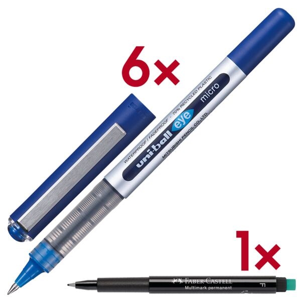uni-ball 6x Tintenroller »uni-ball eye micro UB-150« inkl. Folienstift »Multimark« blau