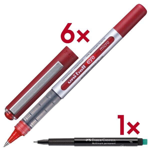 uni-ball 6x Tintenroller »uni-ball eye micro UB-150« inkl. Folienstift »Multimark« rot