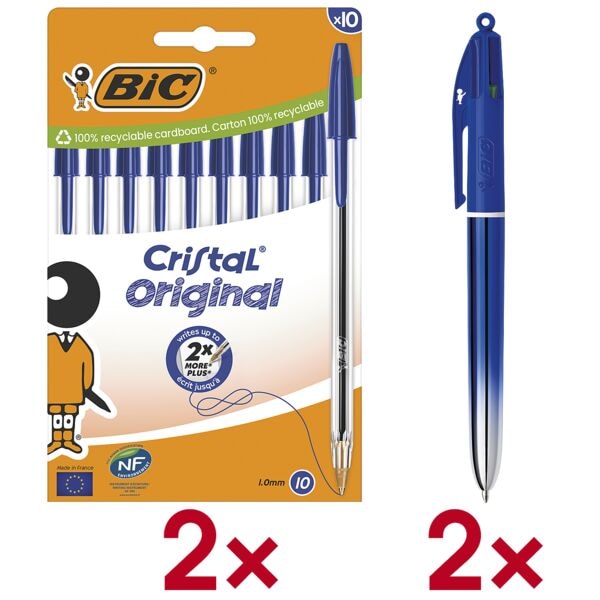 BIC 2x 10er-Pack Kugelschreiber »Cristal Original« inkl. 2x 4-Farb-Kugelschreiber »4 blau