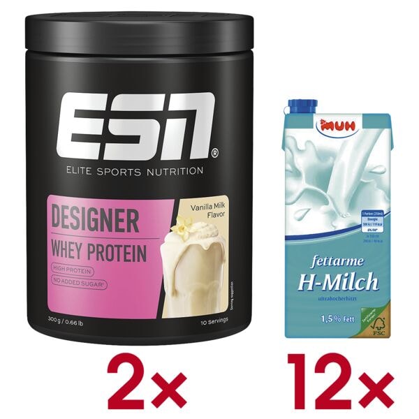 ESN 2x Proteinpulver Designer »Vanilla Milk« 300 g (10 Portionen) inkl. 12er-Pack Mi