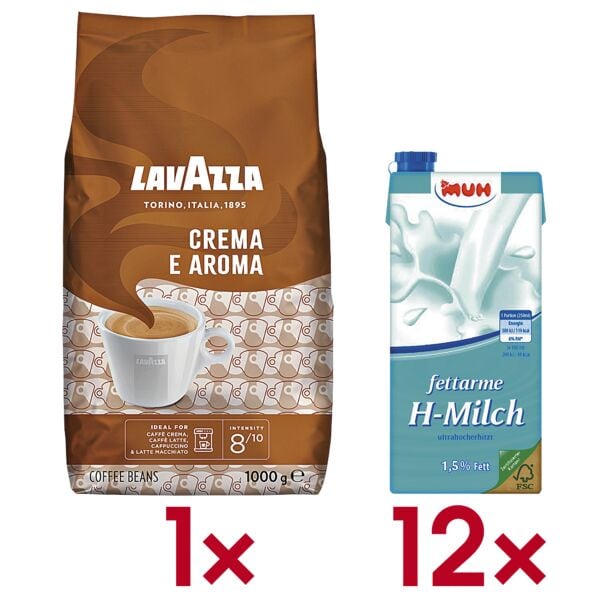 Lavazza Kaffee Kaffeebohnen »Crema e Aroma« 1000 g inkl. 12er-Pack Milch »H-Milch 1,5% F