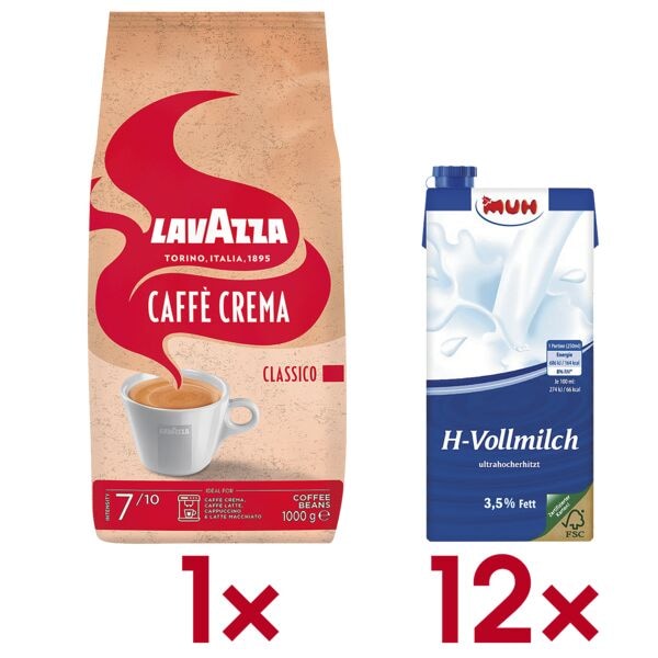 Lavazza Kaffeebohnen »Caffè Crema Classico« 1000 g inkl. 12er-Pack haltbare Milch »H-Vol