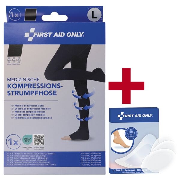 First Aid Only Kompressions-Strumpfhose Zehen offen Größe L inkl. Hydrogel Blasenpflaster 6 Stü