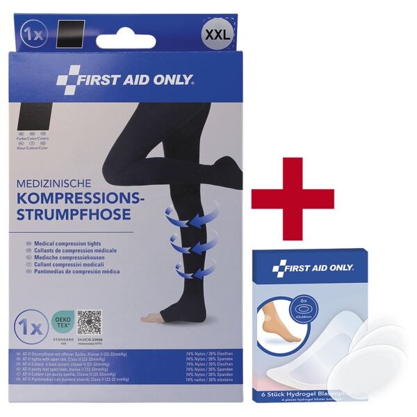 First Aid Only Kompressions-Strumpfhose Zehen offen Größe XXL inkl. Hydrogel Blasenpflaster 6 S