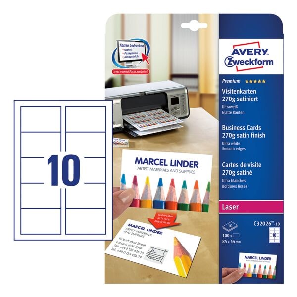 Avery Zweckform Visitenkarten C32026-10 weiß, 8.5x5.4 cm