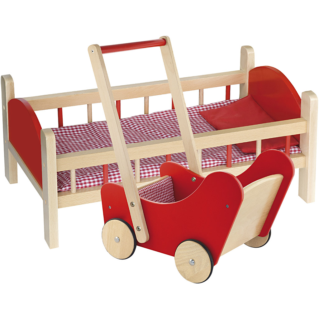 VIGA Puppenbett und Puppenwagen aus Holz, Rot, 2 Teile/ 1 Set