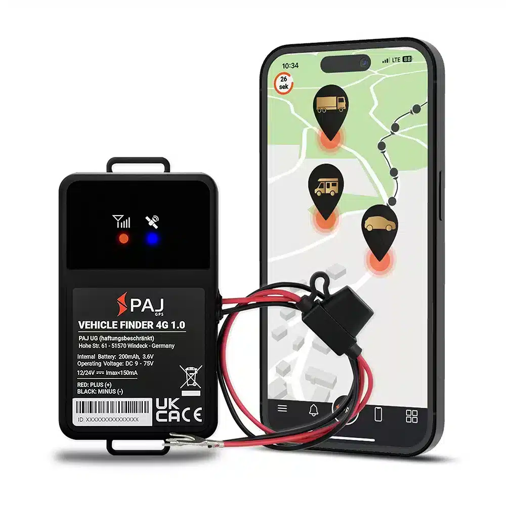 PAJ GPS Tracker VEHICLE Finder 4G 1.0 für Auto, Motorrad, Camper, Wohnmobil mit Batterie-Festanschluss. Live-Ortung und Alarmanlage