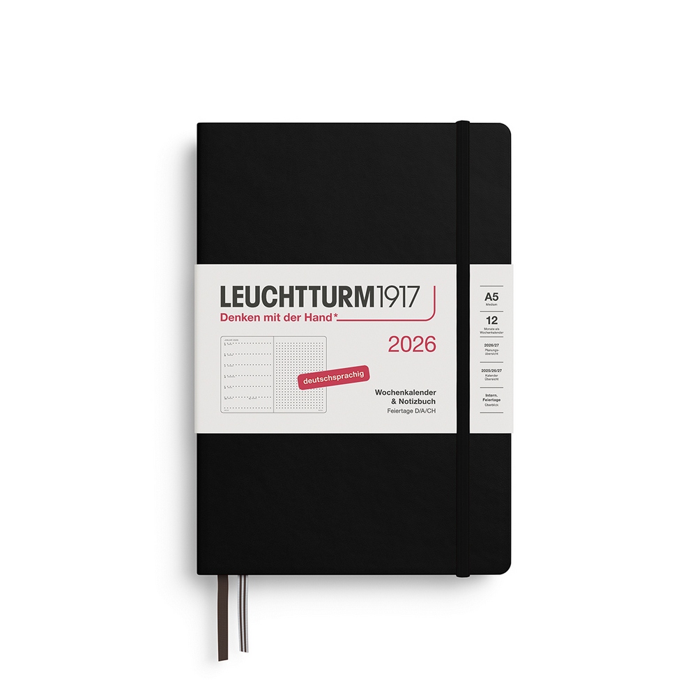 Leuchtturm1917 Kalender & Notizbuch 1 Woche auf 1 Seite 2026 Medium A5 Hardcover Schwarz, punktkariert