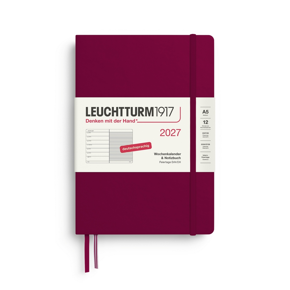 Leuchtturm1917 Kalender & Notizbuch 1 Woche auf 1 Seite 2027 Medium A5 Hardcover Port Red, liniert