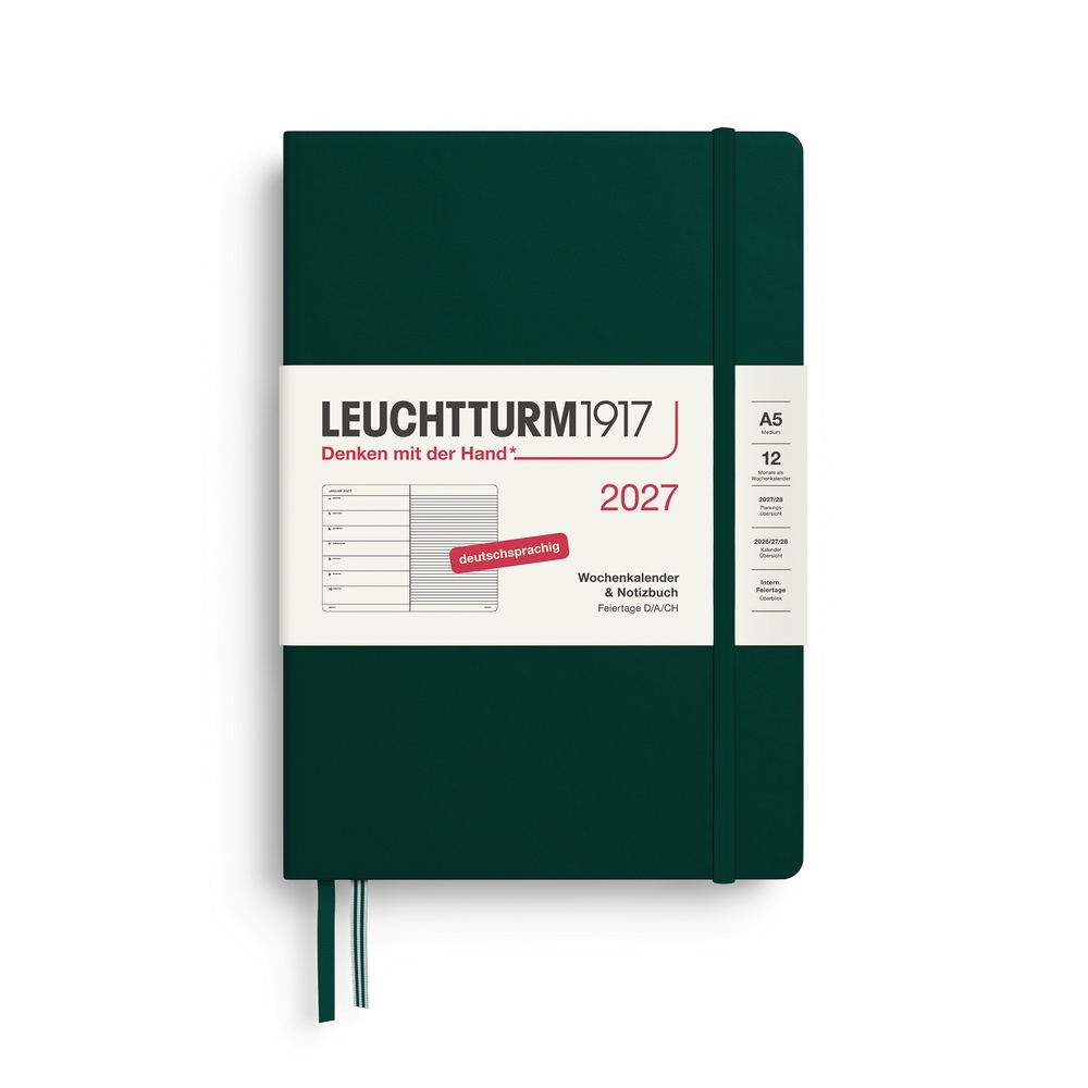 Leuchtturm1917 Kalender & Notizbuch 1 Woche auf 1 Seite 2027 Medium A5 Hardcover Forest Green, liniert