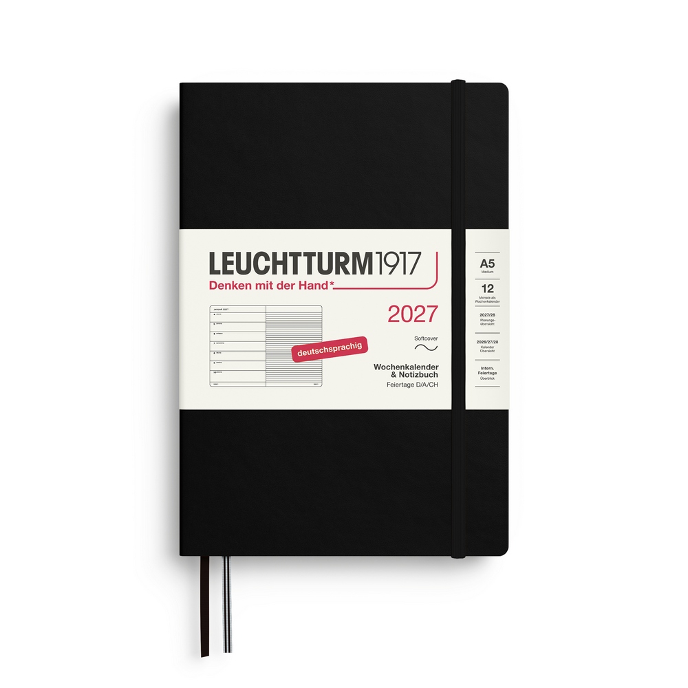 Leuchtturm1917 Kalender & Notizbuch 1 Woche auf 1 Seite 2027 Medium A5 Softcover Schwarz, liniert