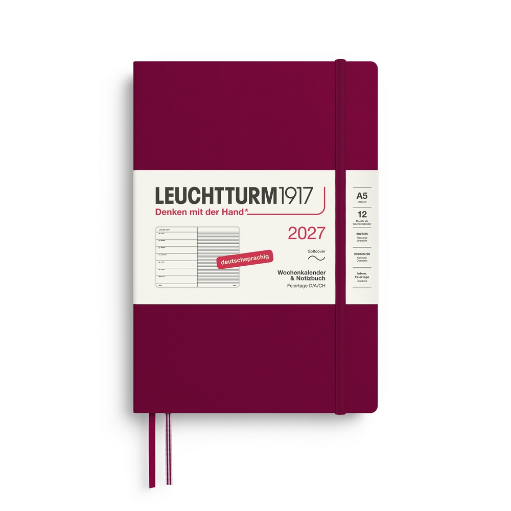 Leuchtturm1917 Kalender & Notizbuch 1 Woche auf 1 Seite 2027 Medium A5 Softcover Port Red, liniert