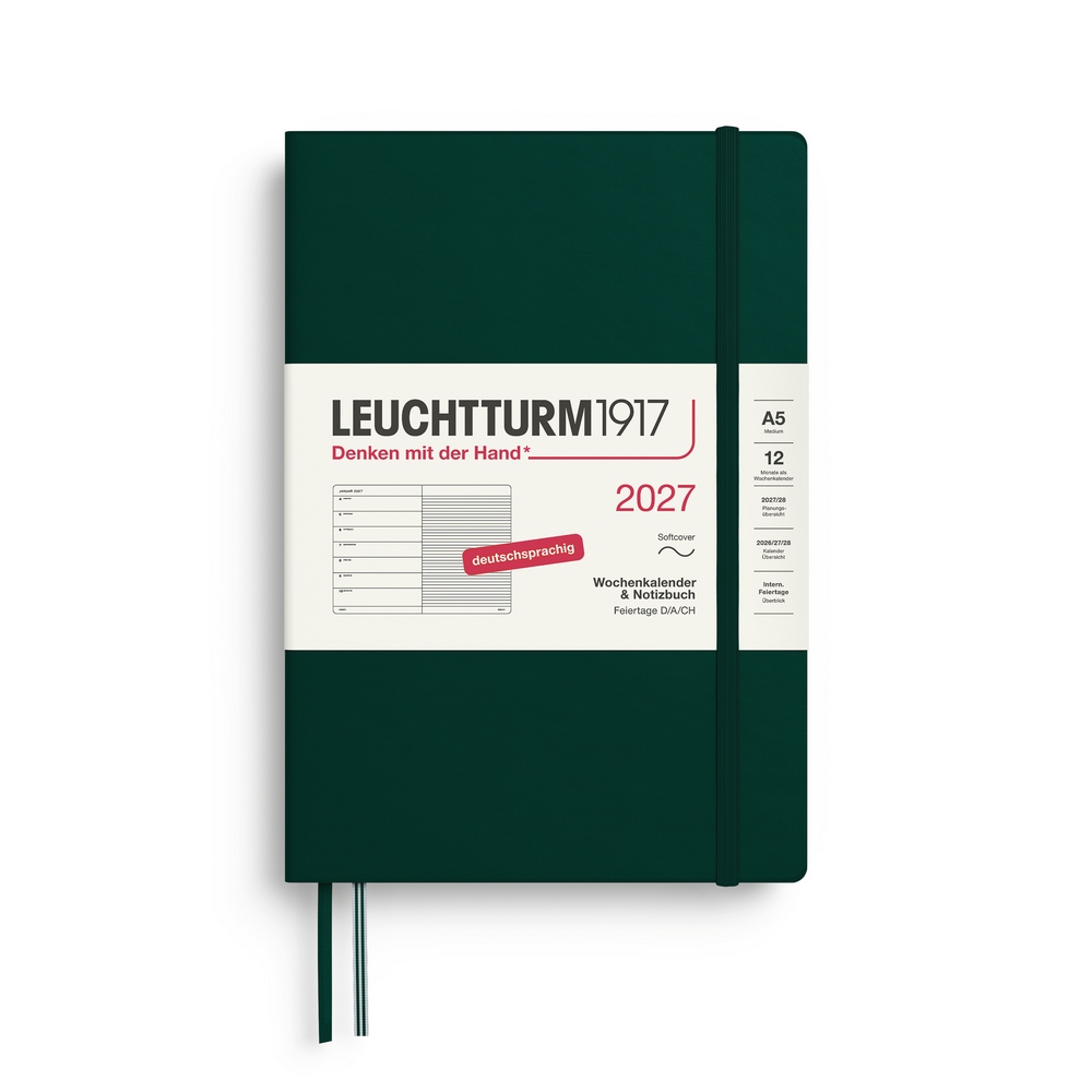 Leuchtturm1917 Kalender & Notizbuch 1 Woche auf 1 Seite 2027 Medium A5 Softcover Forest Green, liniert