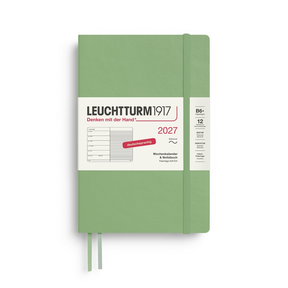 Leuchtturm1917 Kalender & Notizbuch 1 Woche auf 1 Seite 2027 Paperback B6+ Softcover Salbei, liniert