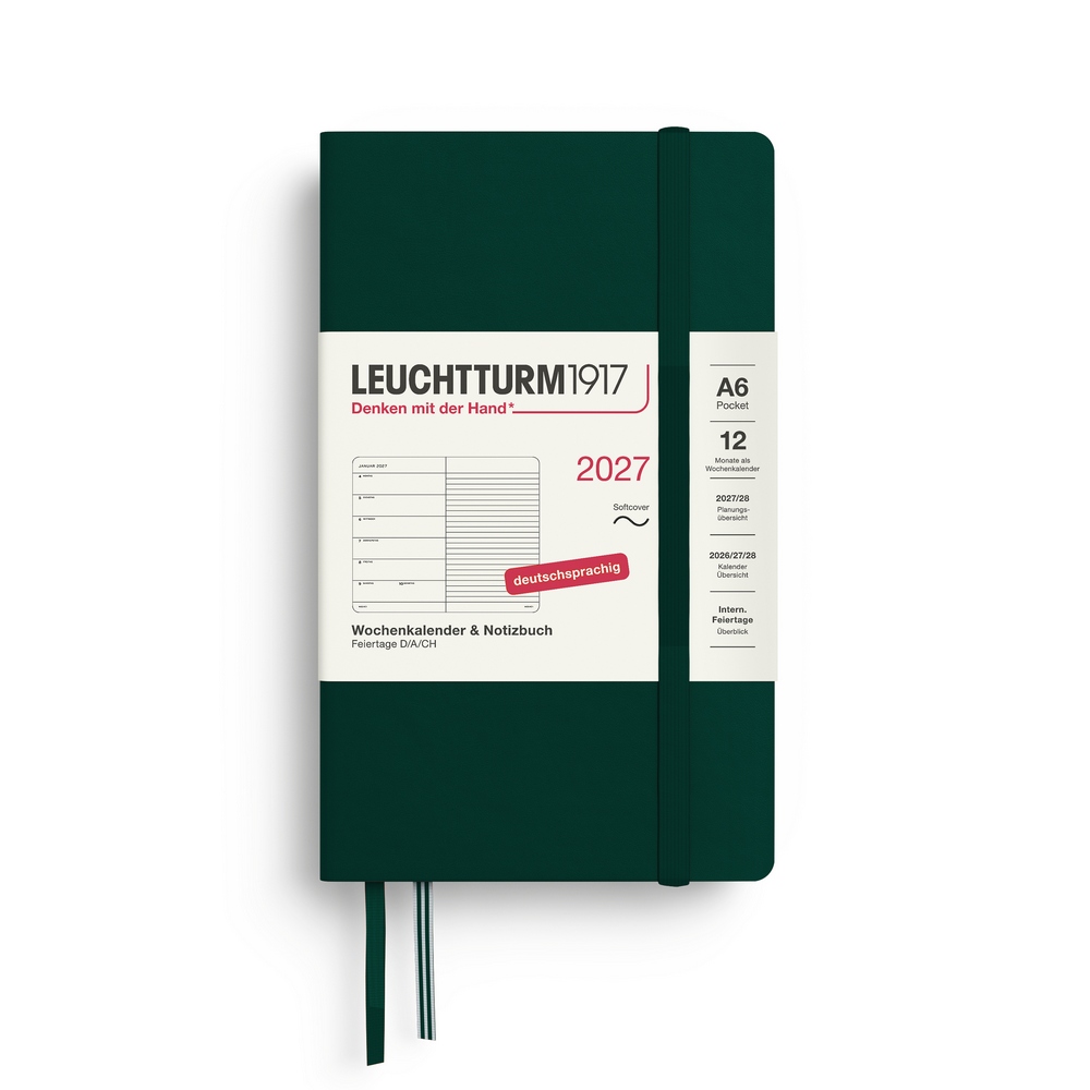 Leuchtturm1917 Kalender & Notizbuch 1 Woche auf 1 Seite 2027 Pocket A6 Softcover Forest Green, liniert