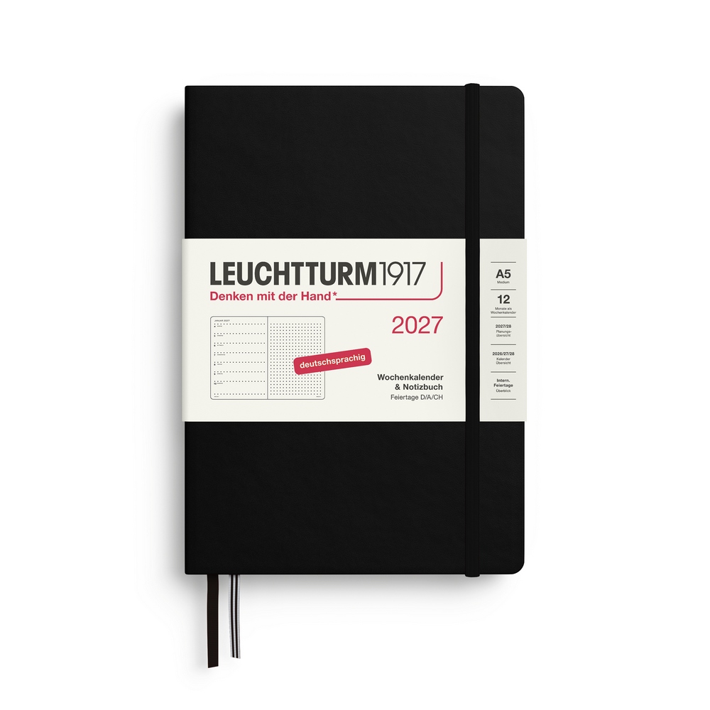Leuchtturm1917 Kalender & Notizbuch 1 Woche auf 1 Seite 2027 Medium A5 Hardcover Schwarz, punktkariert