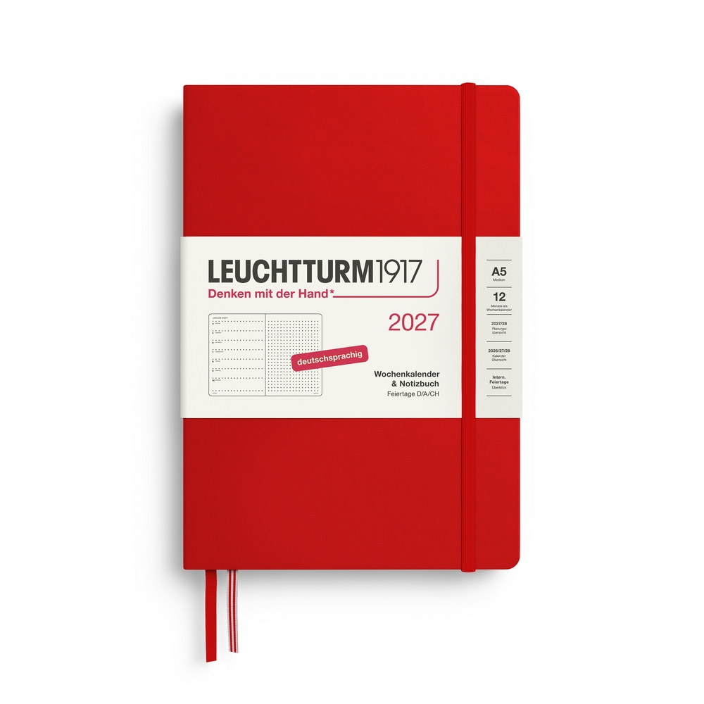 Leuchtturm1917 Kalender & Notizbuch 1 Woche auf 1 Seite 2027 Medium A5 Hardcover Cherry, punktkariert