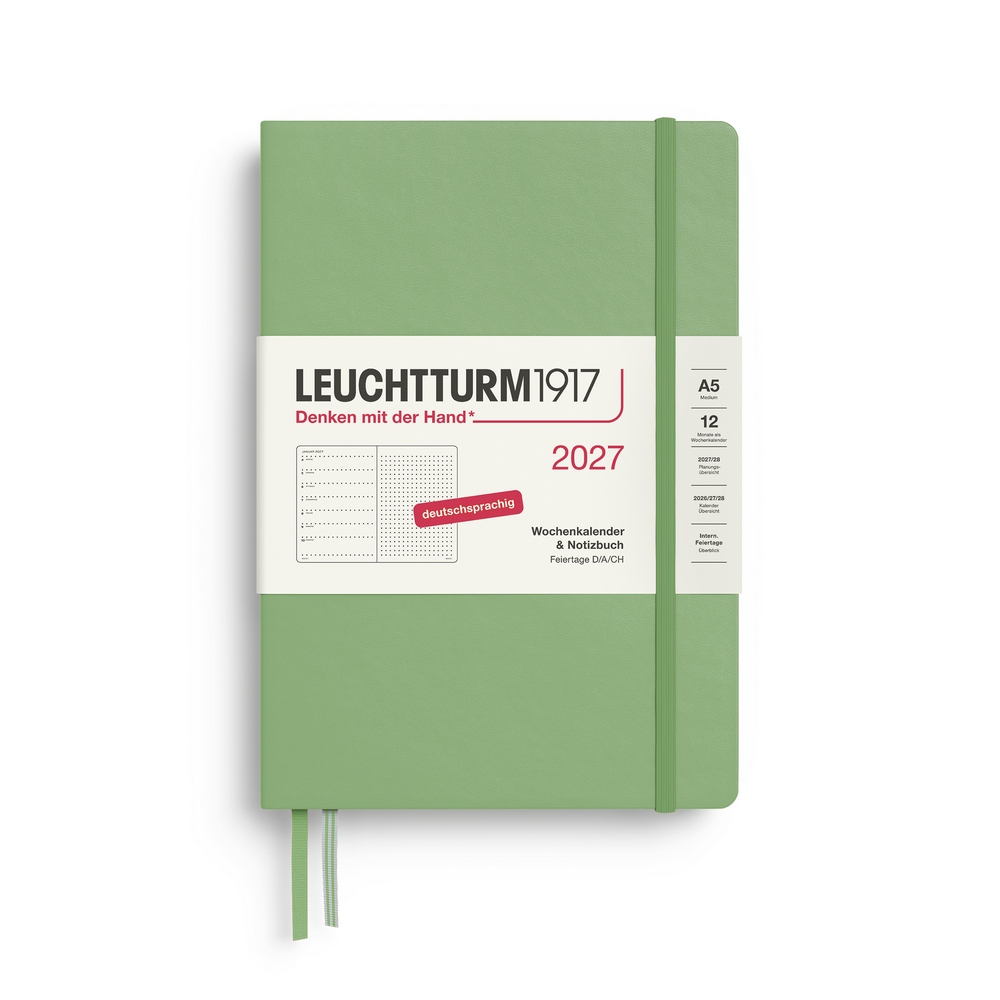 Leuchtturm1917 Kalender & Notizbuch 1 Woche auf 1 Seite 2027 Medium A5 Hardcover Salbei, punktkariert