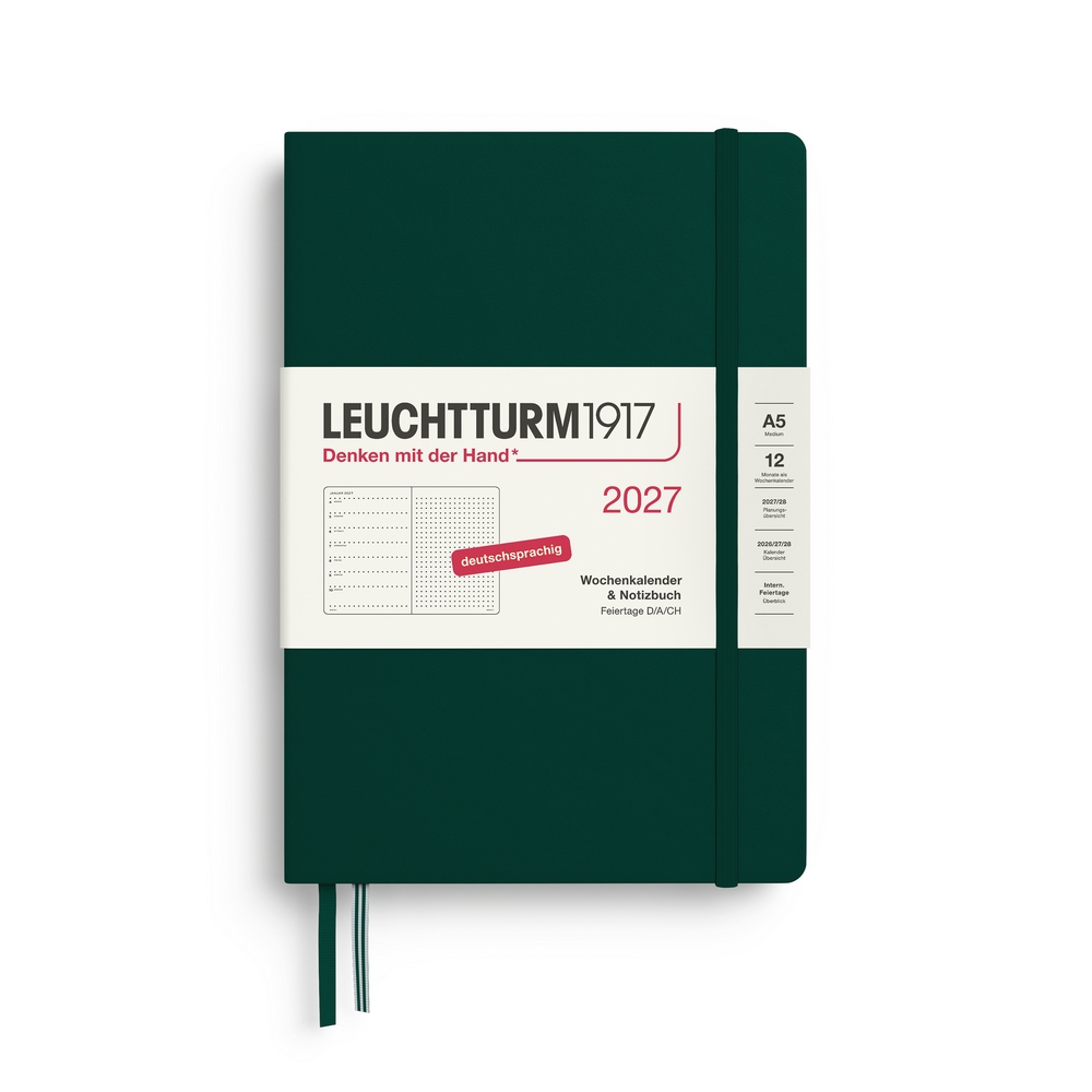 Leuchtturm1917 Kalender & Notizbuch 1 Woche auf 1 Seite 2027 Medium A5 Hardcover Forest Green, punktkariert