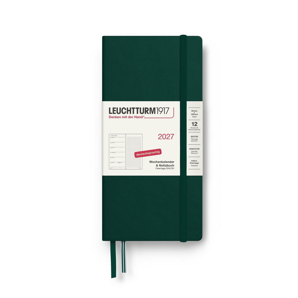 Leuchtturm1917 Kalender & Notizbuch 1 Woche auf 1 Seite 2027 Wallet Hardcover Forest Green, punktkariert