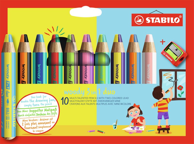 STABILO Aquarellfarbstift WOODY 3 in 1 duo im 10er Etui inklusive Spitzer