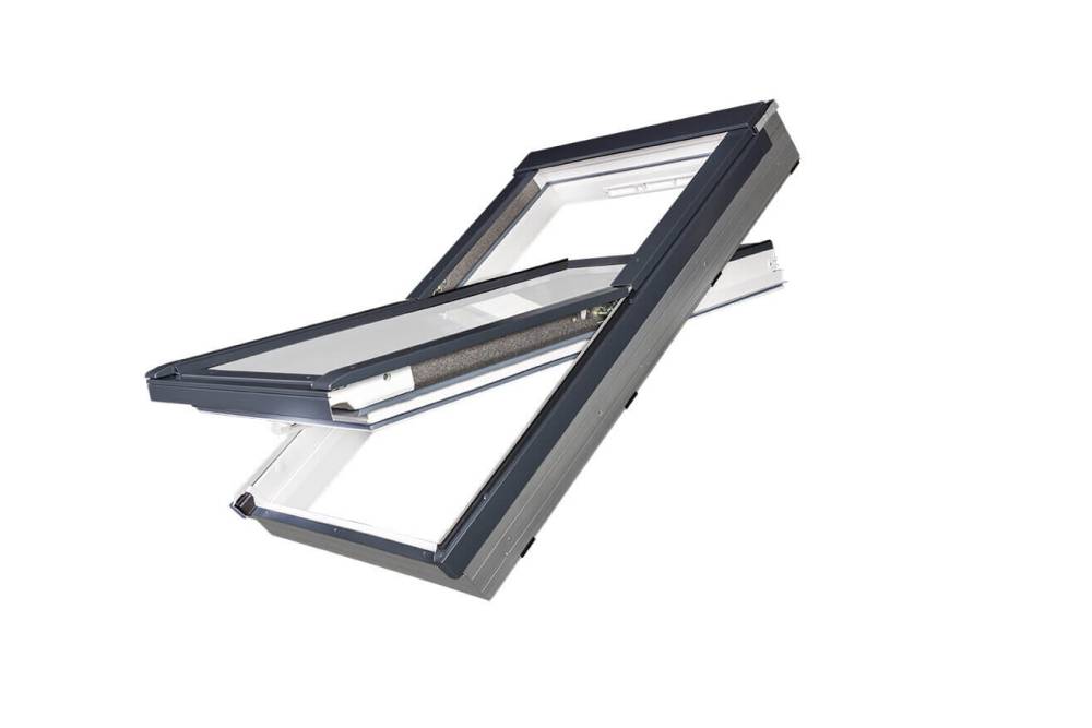Dachfenster FAKRO PTP-V GreenView U41 mit Dreifachverglasung, weißem ARS Sonnenschutz-Rollo und Thermo-Eindeckrahmen EZV-AT AX00 114 x 118