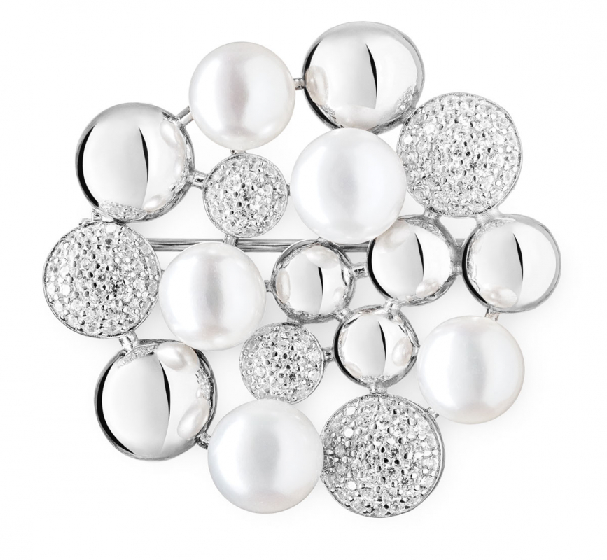 Gaura Pearls Brosche - 5 weiße Perlen, Zirkonia, 925 Silber