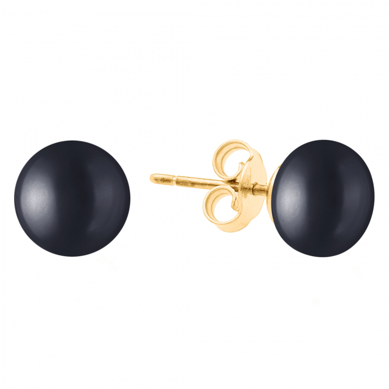 Gaura Pearls Perlenohrstecker - schwarz, rund, 8 mm, 585 Gelbgold